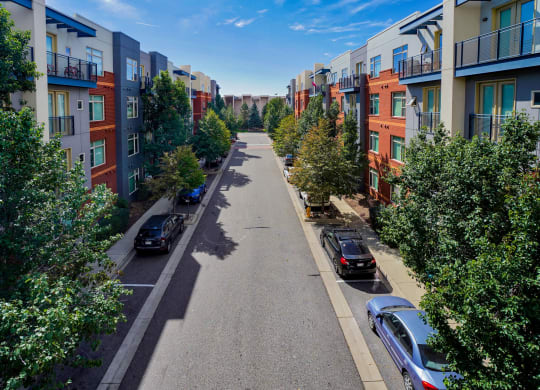 Landscaped street with parking at The District, CO, 80222