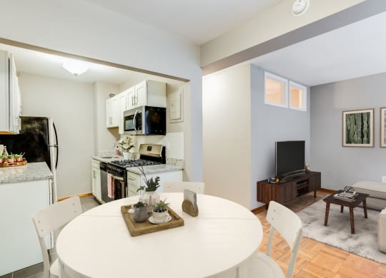 One-bedroom apartment living area (virtually staged) at The York and Potomac Park, Washington