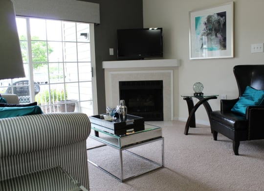 Living Room With Standard Fireplace at Abberly Twin Hickory Apartment Homes by HHHunt, Glen Allen, Virginia