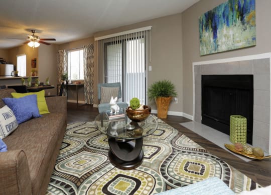 Sophisticated Living Room with Fireplace at Water Ridge Apartments, CLEAR Property Management, Irving, 75061
