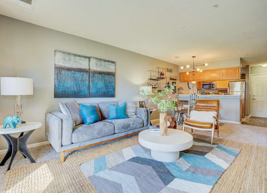 Model Living Room and Kitchen at The Vinings Apartments, Virginia, 23234