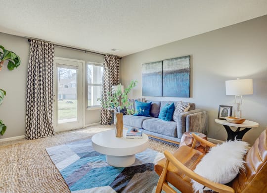 Model Living Room Angle at The Vinings Apartments, Richmond, VA, 23234