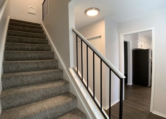 Carpeted stairs looking over into the kitchen
