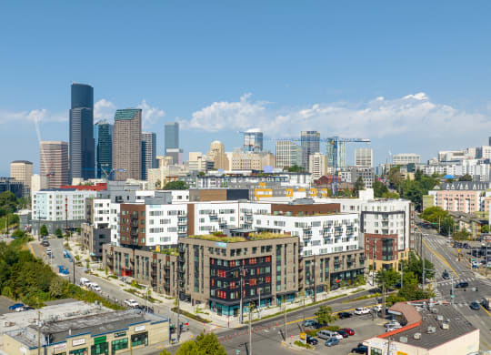 Exterior drone image showing Mason & Main's proximity to Downtown Seattle