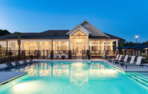 Pool and clubhouse at twilight at Carmel Vista, McDonough, GA, 30253