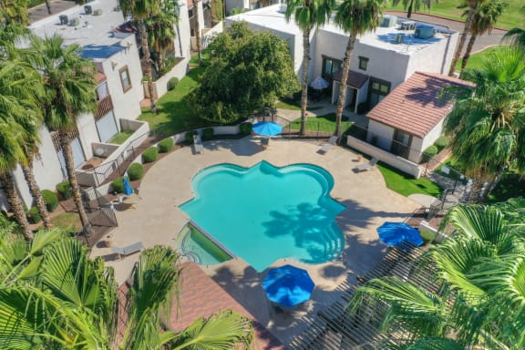 Pool aerial view at Townhomes on the Park Apartments in Phoenix AZ Nov 2020