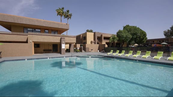 Pool with seating at Avalon Hills Apartments in Phoenix Arizona 2021