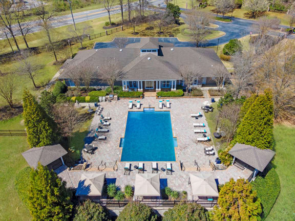 Aerial view of clubhouse and pool at Adrian on Riverside in Macon, GA