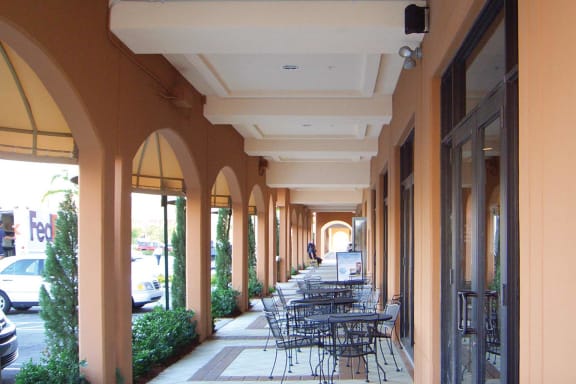 Shot of Portofino Plaza's broad, covered walkways