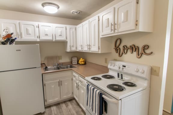 This is a photo of the kitchen in the 705 square foot 2 bedroom, 1 bath apartment at Lisa Ridge Apartments in the Westwood neighborhood of Cincinnati, Ohio.