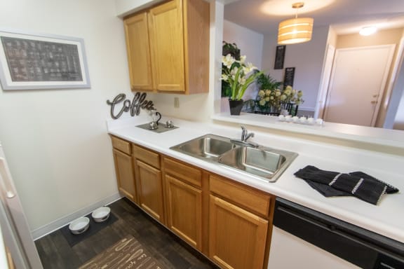 This is a photo of the kitchen in the 822 square foot, 2 bedroom floor plan at Village East Apartments in Franklin, OH.