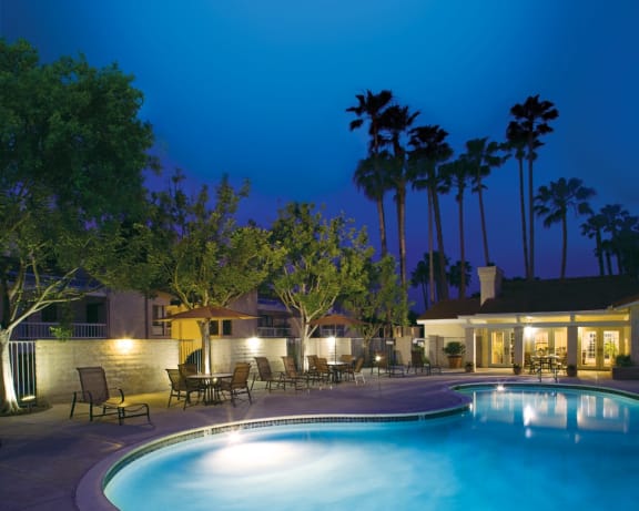 Well lit pool at La Serena Apartments, CA, 92128