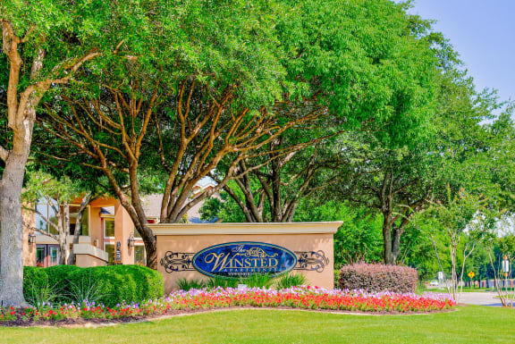Mature trees at the entrance to The Winsted at Valley Ranch in Irving, TX, For Rent. Now leasing 1 and 2 bedroom apartments.