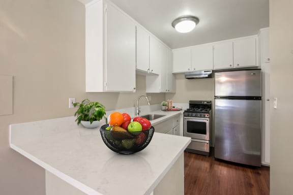 Kitchen with stainless steel two-door refrigerator, gas stove over range hood, white cabinets