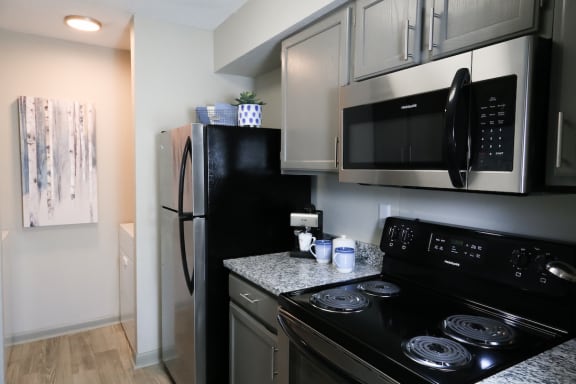 Stainless steel appliance package and granite countertops in kitchen at The Whitney Franklin, Tennessee, 37064
