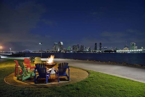 Fire pit seating by the bay l Coronado on the Bay Apartments in Coronado CA