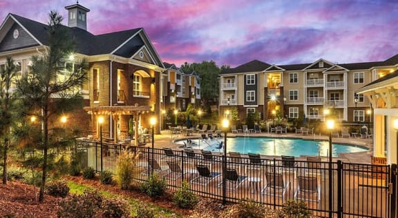 Pool View In Night at Residences at Brookline, Charlotte, NC, 28216