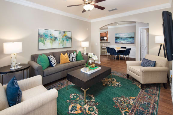 Modern Living Room with Lofty 9' Ceilings with Crown Moulding at The Berkeley Apartment Homes, Duluth, GA 30096