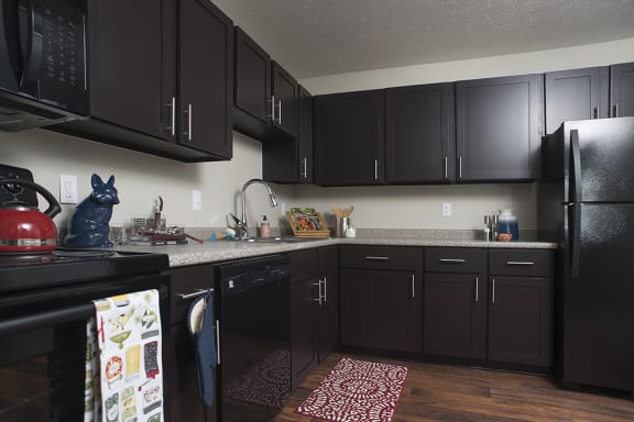 Kitchen with Black Appliances at The Pointe at St. Joseph Apartments, South Bend, Indiana