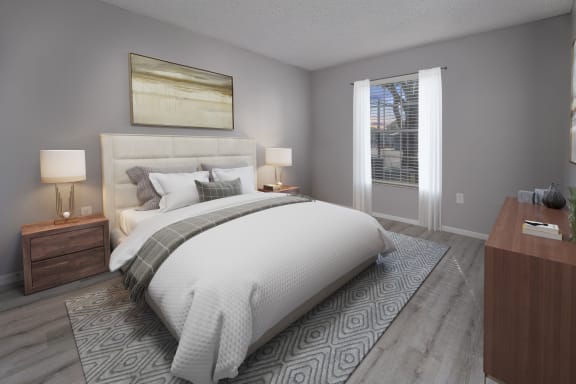 Bedroom, queen size bed, wood-like flooring, large window with drapes
