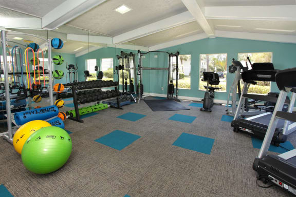 Fitness Center with treadmills, large bosu balls, free weights and machine, stationary bikes.