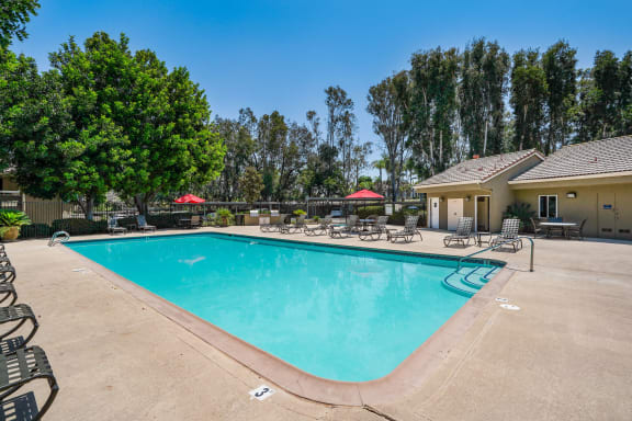 Vista Apartments - Rancho Hills Apartments Sparkling Pool with Lounge Seating and Umbrellas