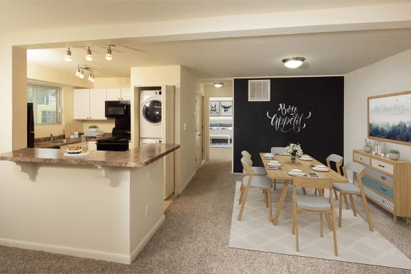 Open kitchen and dining room at Cardiff Hall Apartments, Towson, Maryland