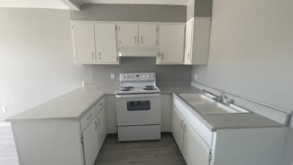 Photo of kitchen grey wood like flooring, white cabinets, countertops and appliances