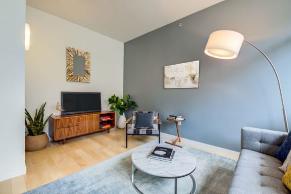 Apartments for Rent in San Francisco CA - 333 Fremont Apartments Living Room With Wood Tiled Flooring, Chic Decor, and Natural Lighting