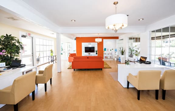 Oakview leasing office is at the corner of Hampshire Road and Triunfo Canyon Road. It has 2 leasing stations, a sofa with a TV and a water and coffee station for refreshments.