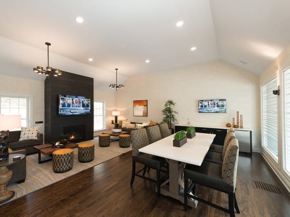 Living room with TV and dining at Greenwich Place, Greenwich, CT