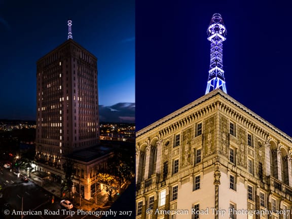 Illuminated mooring mast atop TJ Tower at Thomas Jefferson Tower, Birmingham, AL