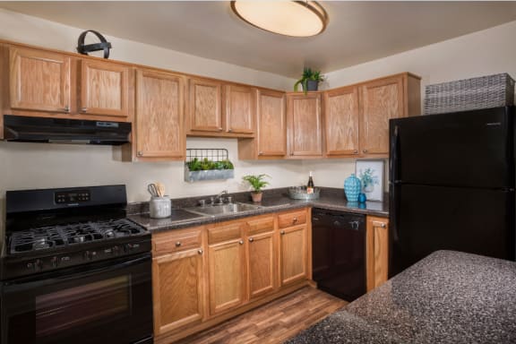 kitchen at Cheverly Station apartments in Cheverly MD with black appliances, stone countertops, light wood cabinets and wood flooring