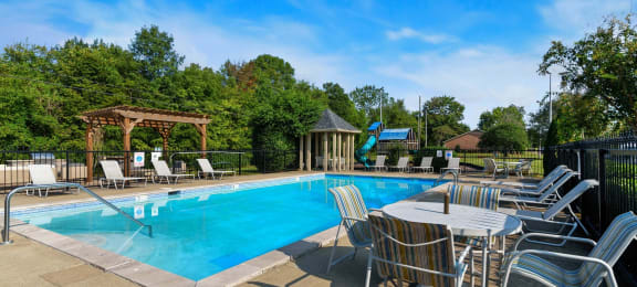Pool seating at Laurel Valley Apartments in Mount Juliet Tennessee March 2021
