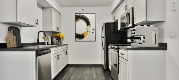Kitchen with Appliances, White Cabinets and Dark Hard Wood Flooring