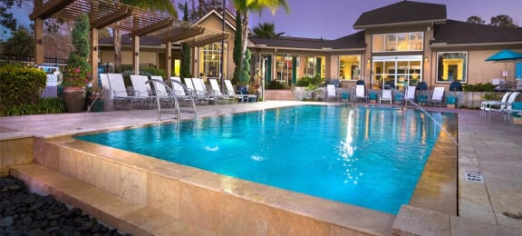 Twilight pool deck, one of five pools at Creekfront at Deerwood, Jacksonville, 32256