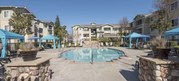 Picturesque Pool And Cabana Setting at Waterstone Apartments, Tracy, CA, 95377