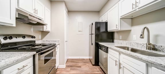Renovated kitchen with stainless steel appliances and stone counter tops (1 bedroom garden)