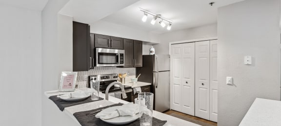 Dark cabinets with white counters and track lighting at England Run Apartments in Fredericksburg VA