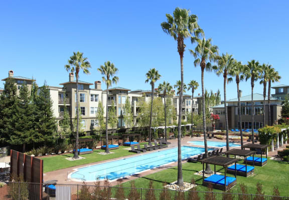 Swimming pool and exterior view of building at The Enclave CA, San Jose, 95134
