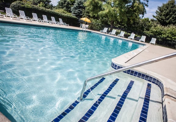 Heated Pool (open April through October) and large sundeck at Dover Hills Apartments in Kalamazoo