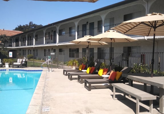 Pool view with Apts Buildings Villa Tramonti Apartment Homes | San Gabriel CA