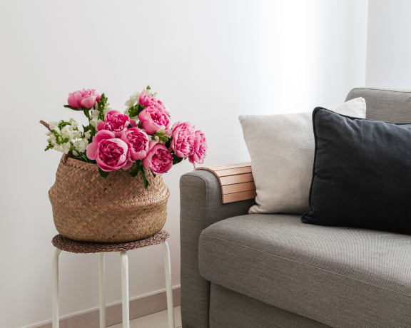 Gray couch with pot of flowers