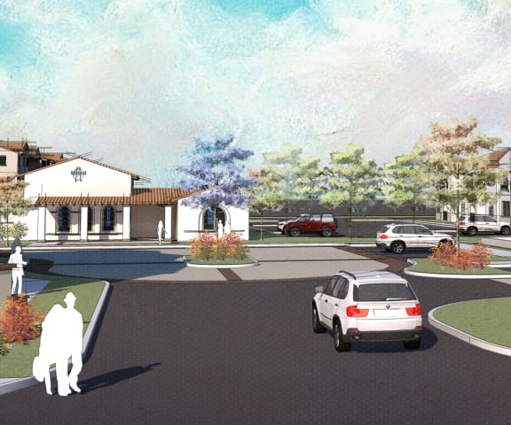 Rendering of entrance to community with signs