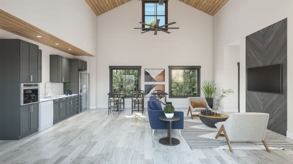 a living room and kitchen area with gray flooring and a wooden ceiling with a chandel