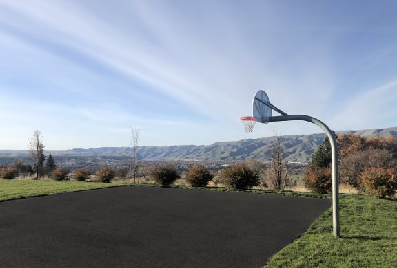 A basketball hoop in a sports court on a grassy hill with mountains in the background.