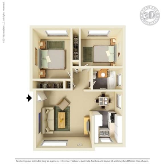 3d 2 bedroom layout 3d 2 bedroom layout at Colonial Garden Apartments, San Mateo, CA, 94401