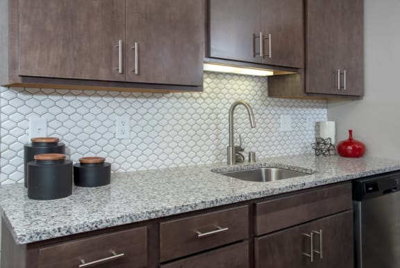 Granite Countertops With Modern Backsplash Details in Kitchen at Eagan Place Apartments