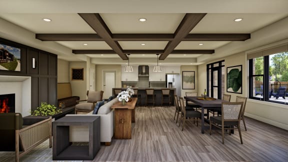 clubroom with kitchen, seating, entertaining areas and shuffleboard table at Shady Oak Crossing, Minnetonka