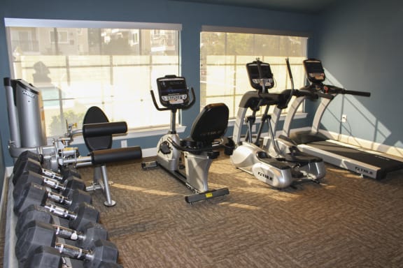 This is a photo of the fitness center with free weights at The Summit at Midtown in Dallas, TX.